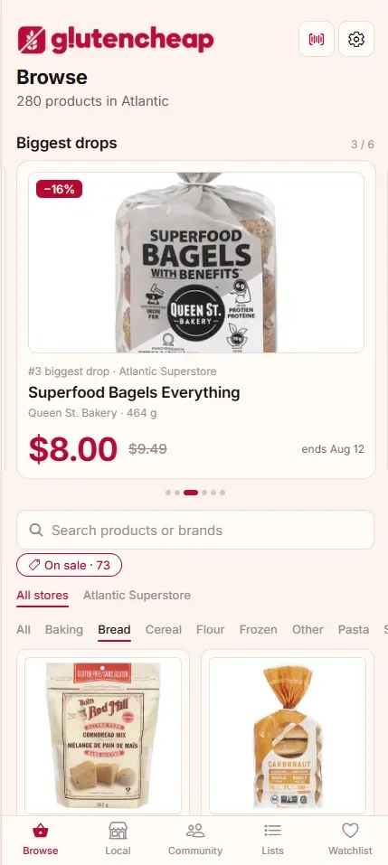 The GlutenCheap browse screen showing this week’s biggest gluten-free price drops